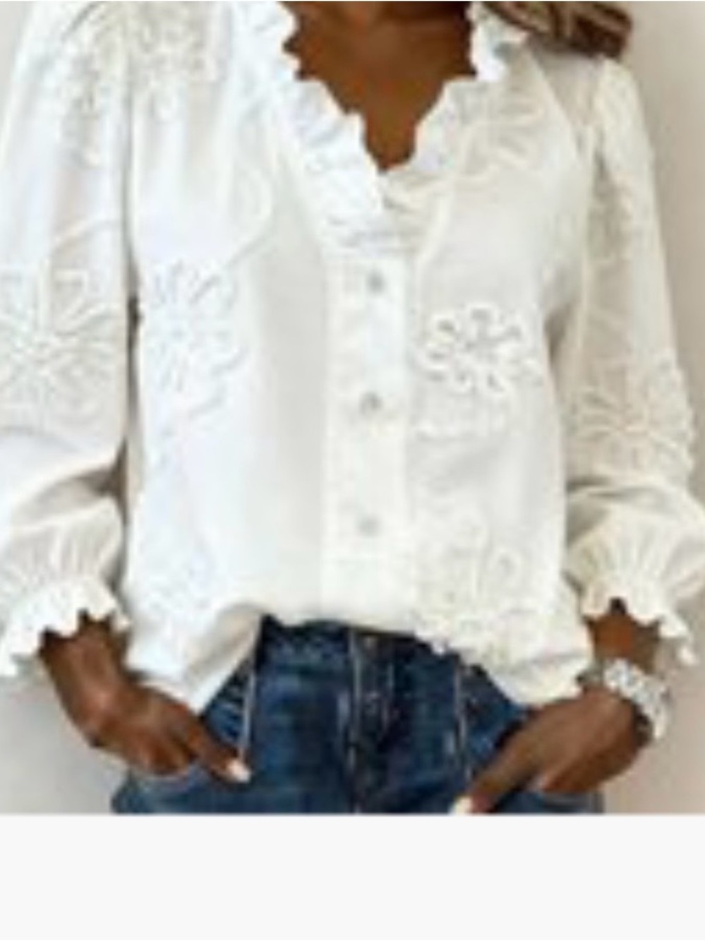 White Eyelet Ruffle-Trim Button Down classic Blouse with gorgeous detailing!